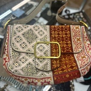 Tory Burch "Sawyer Embroidered Suede Patchwork" Handbag